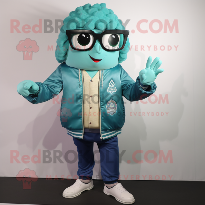 Teal Pad Thai mascot costume character dressed with a Jacket and Eyeglasses Teal Pad Thai mascot costume character dressed with a Jacket and Eyeglasses