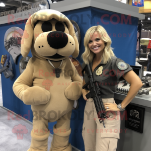Tan Navy Seal mascot costume character dressed with a Pencil Skirt and Keychains