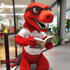 Red T Rex mascot costume character dressed with a Jeggings and Reading glasses