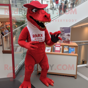 Red T Rex mascot costume character dressed with a Jeggings and Reading glasses