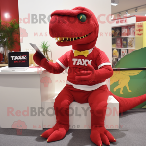 Red T Rex mascot costume character dressed with a Jeggings and Reading glasses