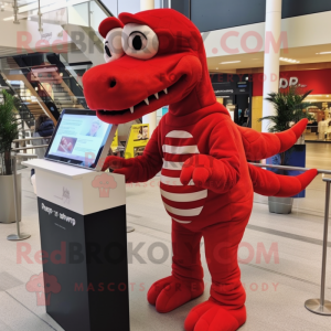 Red T Rex mascot costume character dressed with a Jeggings and Reading glasses