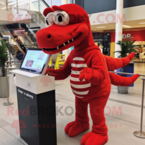 Red T Rex mascot costume character dressed with a Jeggings and Reading glasses