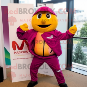 Magenta Mango mascot costume character dressed with a Windbreaker and Belts