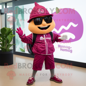 Magenta Mango mascot costume character dressed with a Windbreaker and Belts
