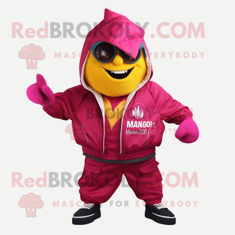 Magenta Mango mascot costume character dressed with a Windbreaker and Belts