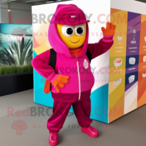 Magenta Mango mascot costume character dressed with a Windbreaker and Belts