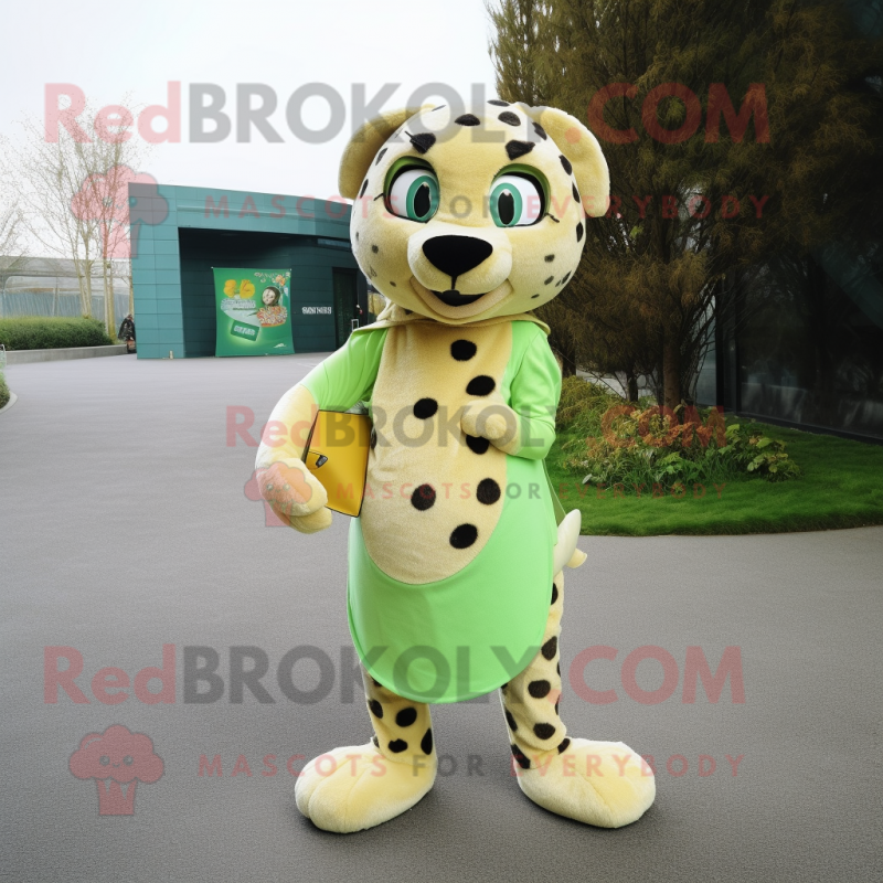 Olive Cheetah mascot costume character dressed with a A-Line Dress and Clutch bags