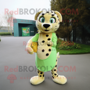 Olive Cheetah mascot costume character dressed with a A-Line Dress and Clutch bags