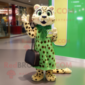 Olive Cheetah mascot costume character dressed with a A-Line Dress and Clutch bags