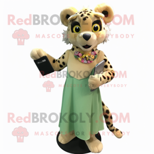 Olive Cheetah mascot costume character dressed with a A-Line Dress and Clutch bags