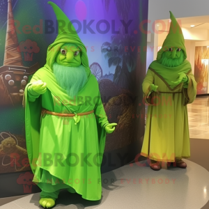 Lime Green Wizard mascot costume character dressed with a Wrap Dress and Wraps