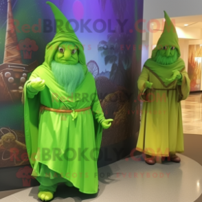 Lime Green Wizard mascot costume character dressed with a Wrap Dress and Wraps