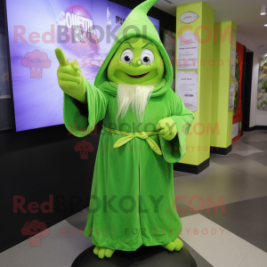 Lime Green Wizard mascot costume character dressed with a Wrap Dress and Wraps