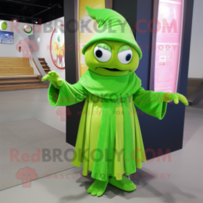 Lime Green Wizard mascot costume character dressed with a Wrap Dress and Wraps