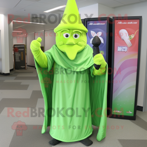 Lime Green Wizard mascot costume character dressed with a Wrap Dress and Wraps