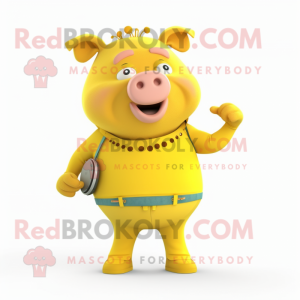 Yellow Sow mascot costume character dressed with a Skinny Jeans and Rings