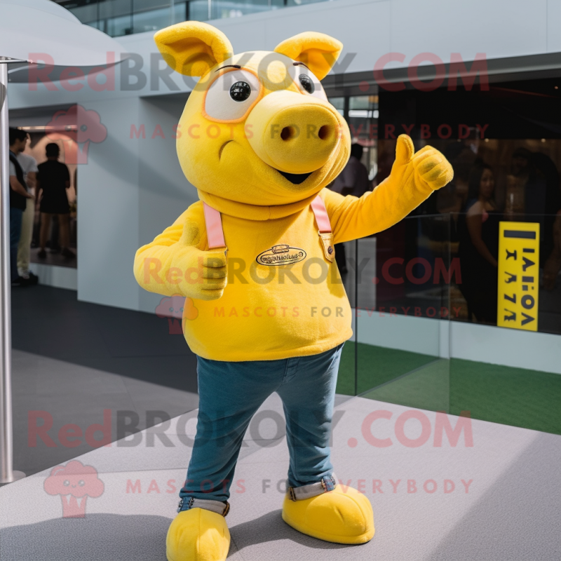 Yellow Sow mascot costume character dressed with a Skinny Jeans and Rings Yellow Sow mascot costume character dressed with a Skinny Jeans and Rings