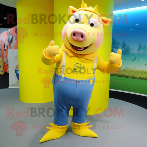 Yellow Sow mascot costume character dressed with a Skinny Jeans and Rings