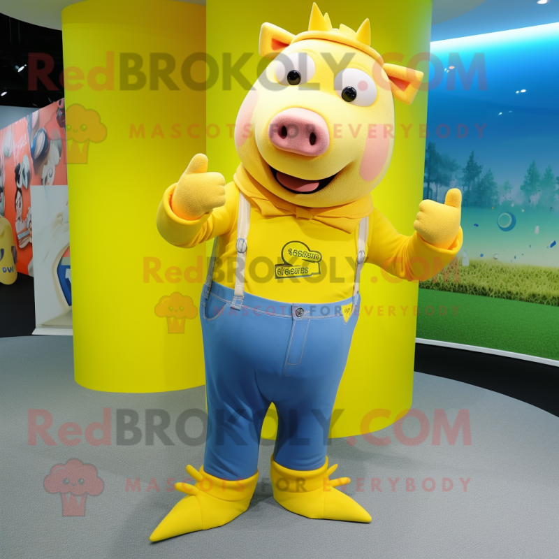Yellow Sow mascot costume character dressed with a Skinny Jeans and Rings Yellow Sow mascot costume character dressed with a Skinny Jeans and Rings