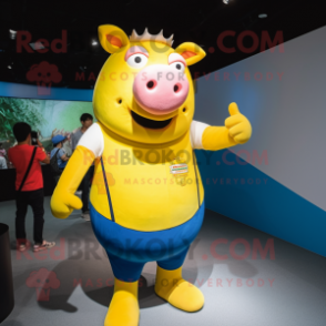 Yellow Sow mascot costume character dressed with a Skinny Jeans and Rings