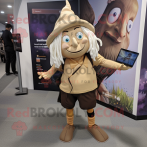 Tan Witch mascot costume character dressed with a Leggings and Backpacks