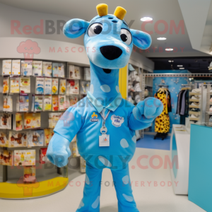 Sky Blue Giraffe mascot costume character dressed with a Graphic Tee and Brooches