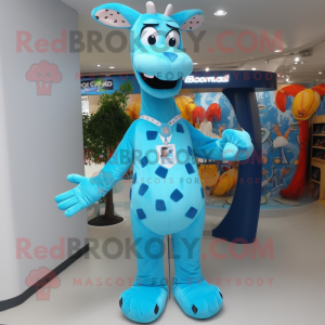 Sky Blue Giraffe mascot costume character dressed with a Graphic Tee and Brooches