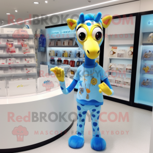 Sky Blue Giraffe mascot costume character dressed with a Graphic Tee and Brooches