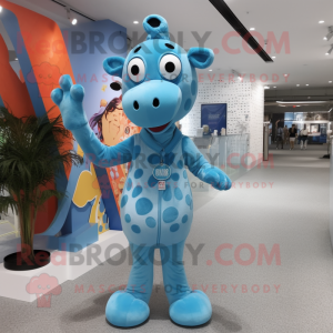 Sky Blue Giraffe mascot costume character dressed with a Graphic Tee and Brooches