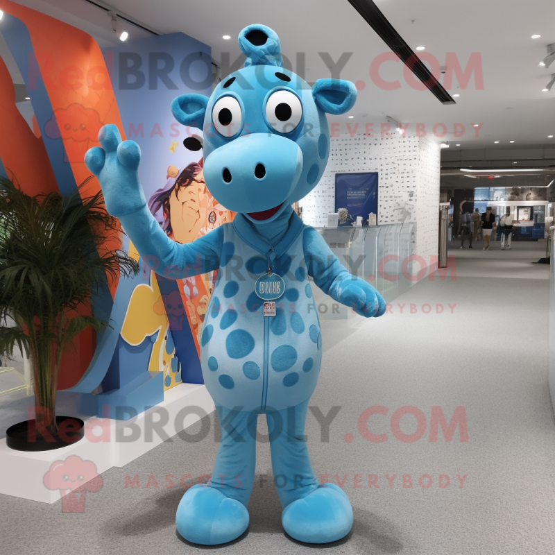 Sky Blue Giraffe mascot costume character dressed with a Graphic Tee and Brooches Sky Blue Giraffe mascot costume character dressed with a Graphic Tee and Brooches