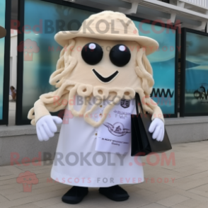 Cream Fried Calamari mascot costume character dressed with a Dress Shirt and Clutch bags