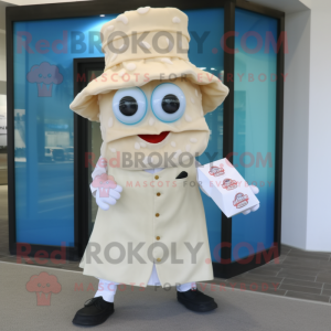 Cream Fried Calamari mascot costume character dressed with a Dress Shirt and Clutch bags