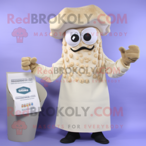 Cream Fried Calamari mascot costume character dressed with a Dress Shirt and Clutch bags