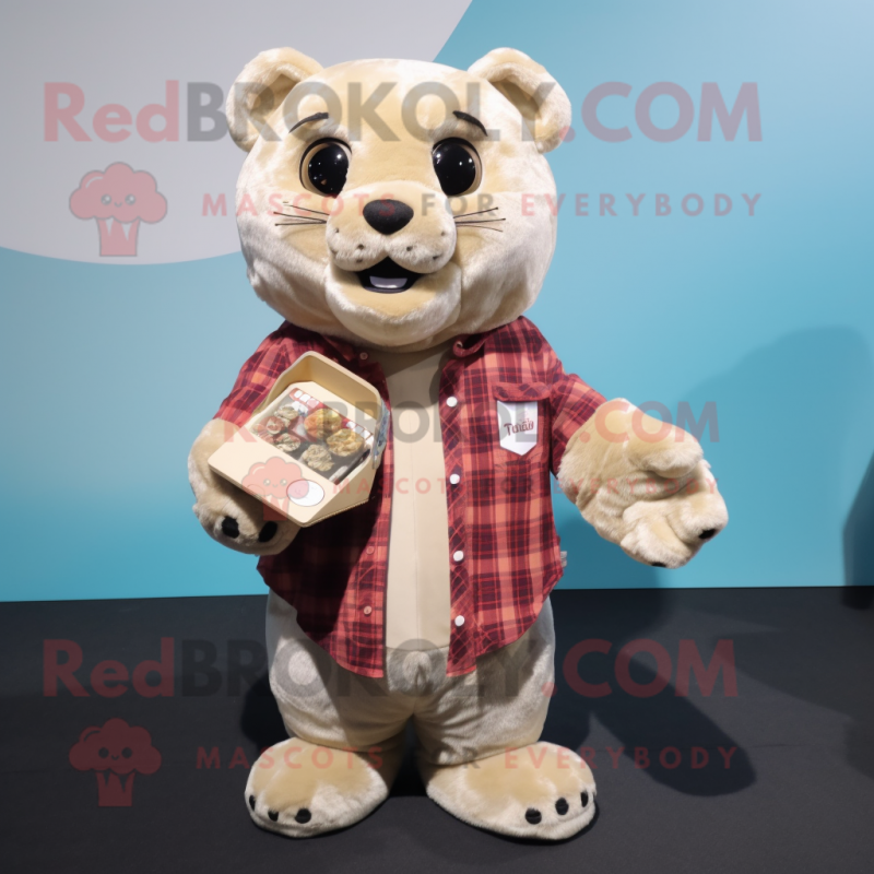 Beige Jaguar mascot costume character dressed with a Flannel Shirt and Coin purses