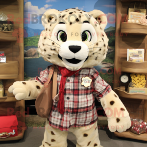 Beige Jaguar mascot costume character dressed with a Flannel Shirt and Coin purses