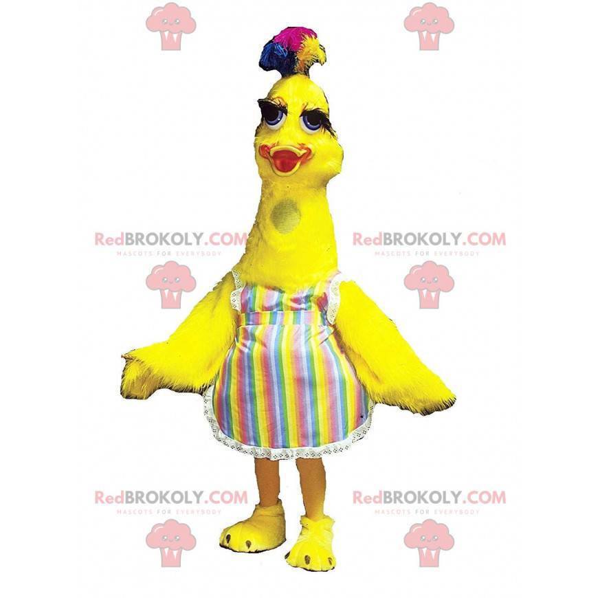 Mascotte de grand oiseau jaune avec une mèche colorée sur la Mascotte de grand oiseau jaune avec une mèche colorée sur la