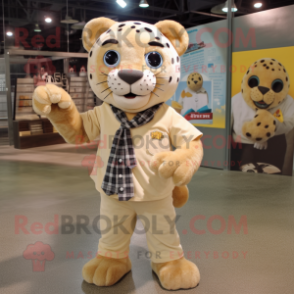 Beige Jaguar mascot costume character dressed with a Flannel Shirt and Coin purses