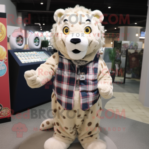 Beige Jaguar mascot costume character dressed with a Flannel Shirt and Coin purses