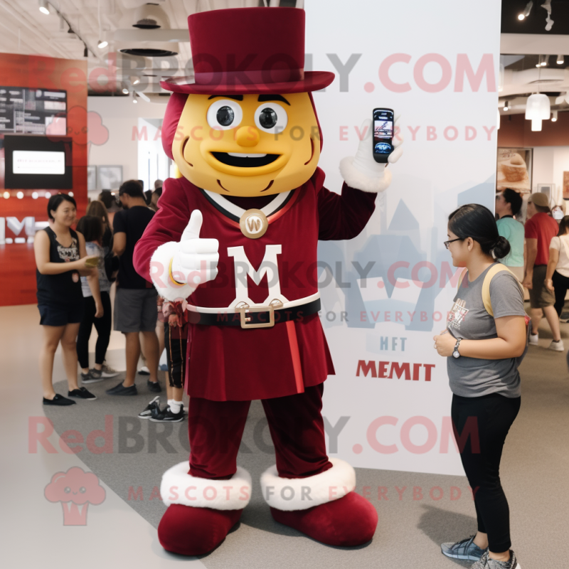 Maroon Ring Master mascot costume character dressed with a T-Shirt and Watches