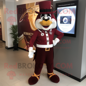 Maroon Ring Master mascot costume character dressed with a T-Shirt and Watches