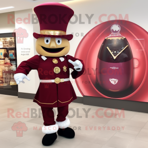 Maroon Ring Master mascot costume character dressed with a T-Shirt and Watches