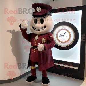 Maroon Ring Master mascot costume character dressed with a T-Shirt and Watches