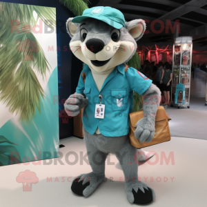 Cyan Thylacosmilus mascot costume character dressed with a Cargo Shorts and Hat pins