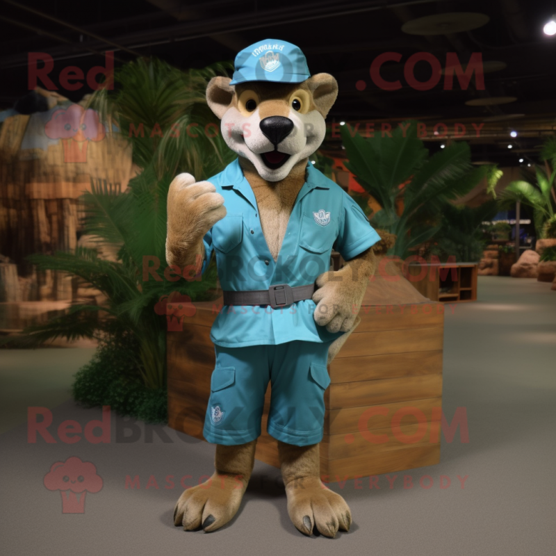 Cyan Thylacosmilus mascot costume character dressed with a Cargo Shorts and Hat pins