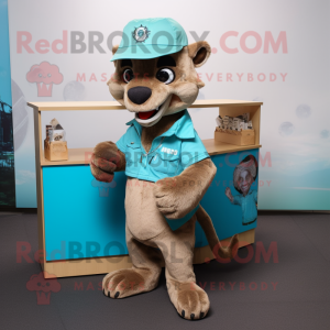 Cyan Thylacosmilus mascot costume character dressed with a Cargo Shorts and Hat pins