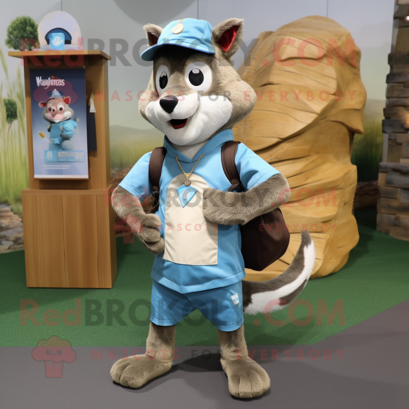 Cyan Thylacosmilus mascot costume character dressed with a Cargo Shorts and Hat pins