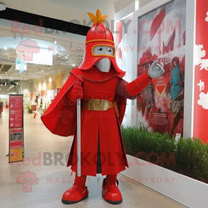 Red Medieval Knight mascot costume character dressed with a A-Line Dress and Brooches