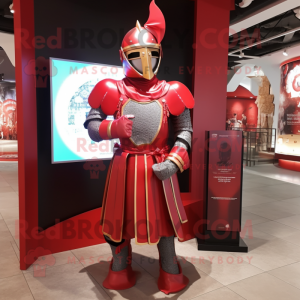 Red Medieval Knight mascot costume character dressed with a A-Line Dress and Brooches