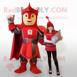 Red Medieval Knight mascot costume character dressed with a A-Line Dress and Brooches